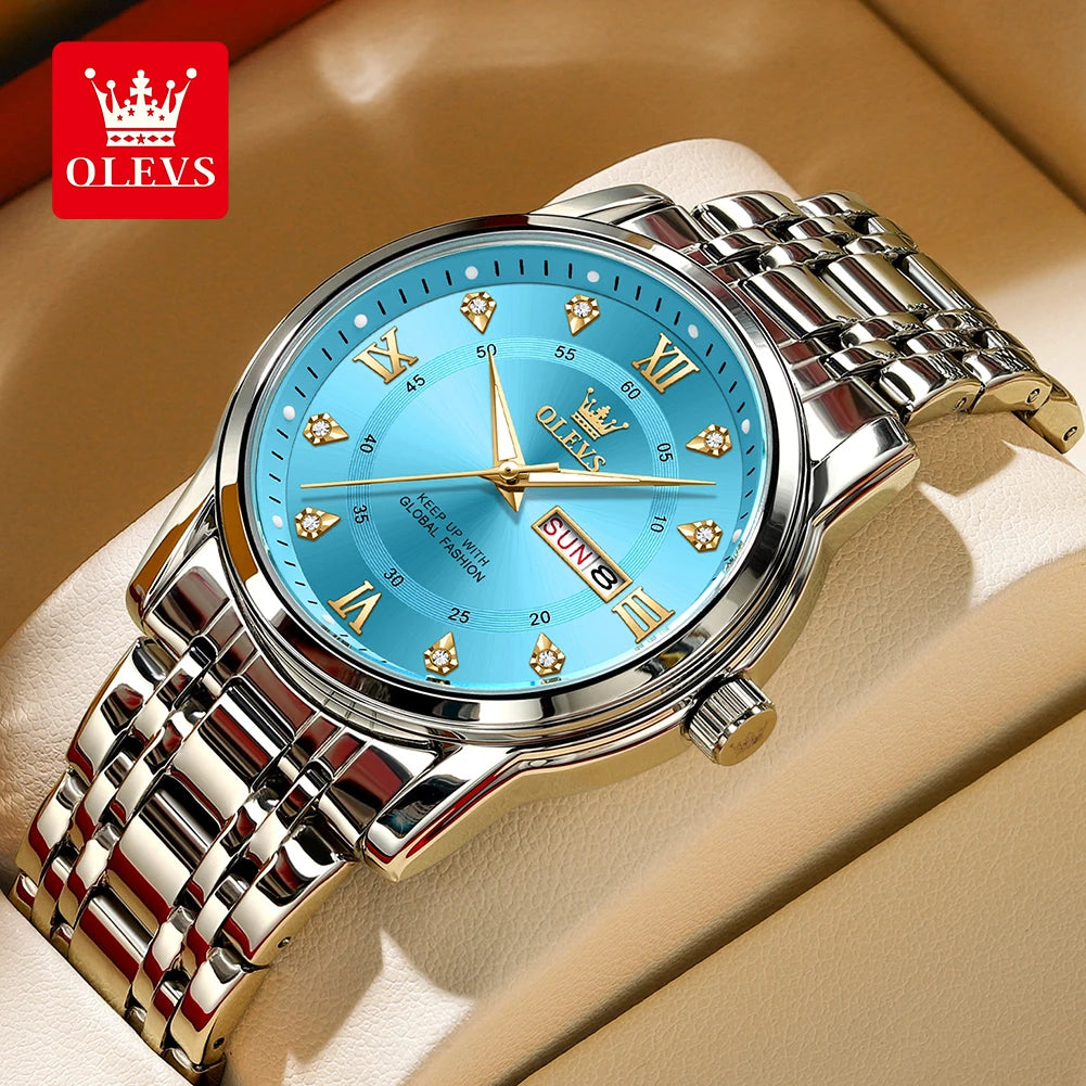 OLEVS Man Watches Original Waterproof Luminous Quartz Watch Week Date Watches For Man Gifts Box Steel Strap 5513 - Acros