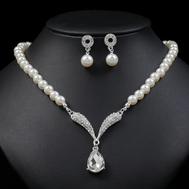 New Fashion personality flower Imitation Pearl Wedding Necklace Earring Set Bridal For Women Elegant Rhinestone Jewelry Gift