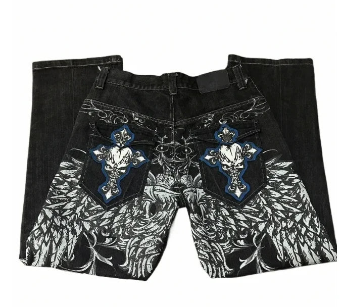 Men's wide-leg Y2K jeans by Ansoff with embroidered gothic design, mid-waist fit, perfect for retro hip-hop fashion.