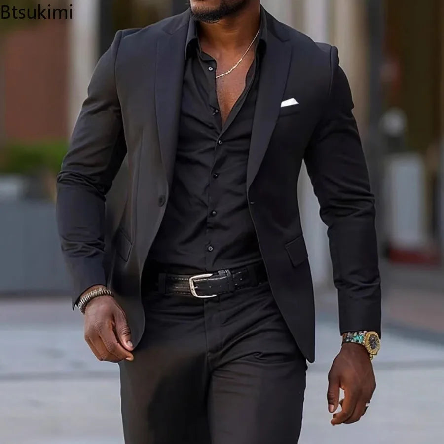 Men's slim fit suit set by Ansoff, including blazer and pants, ideal for weddings, parties, or formal events, in solid color.