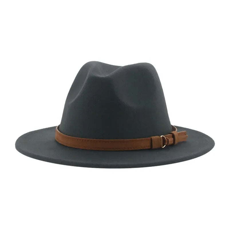 Ansoff fedora hat with wide brim, solid color in khaki or black, featuring a band belt, ideal for formal or winter wear.