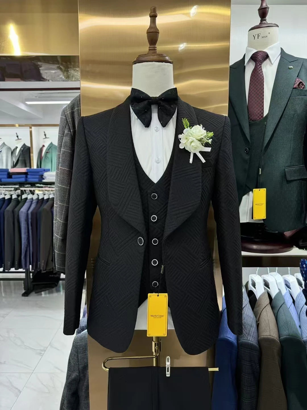 Ansoff men's wedding suit set featuring a one-button shawl neck blazer, vest, and matching pants on a groom.