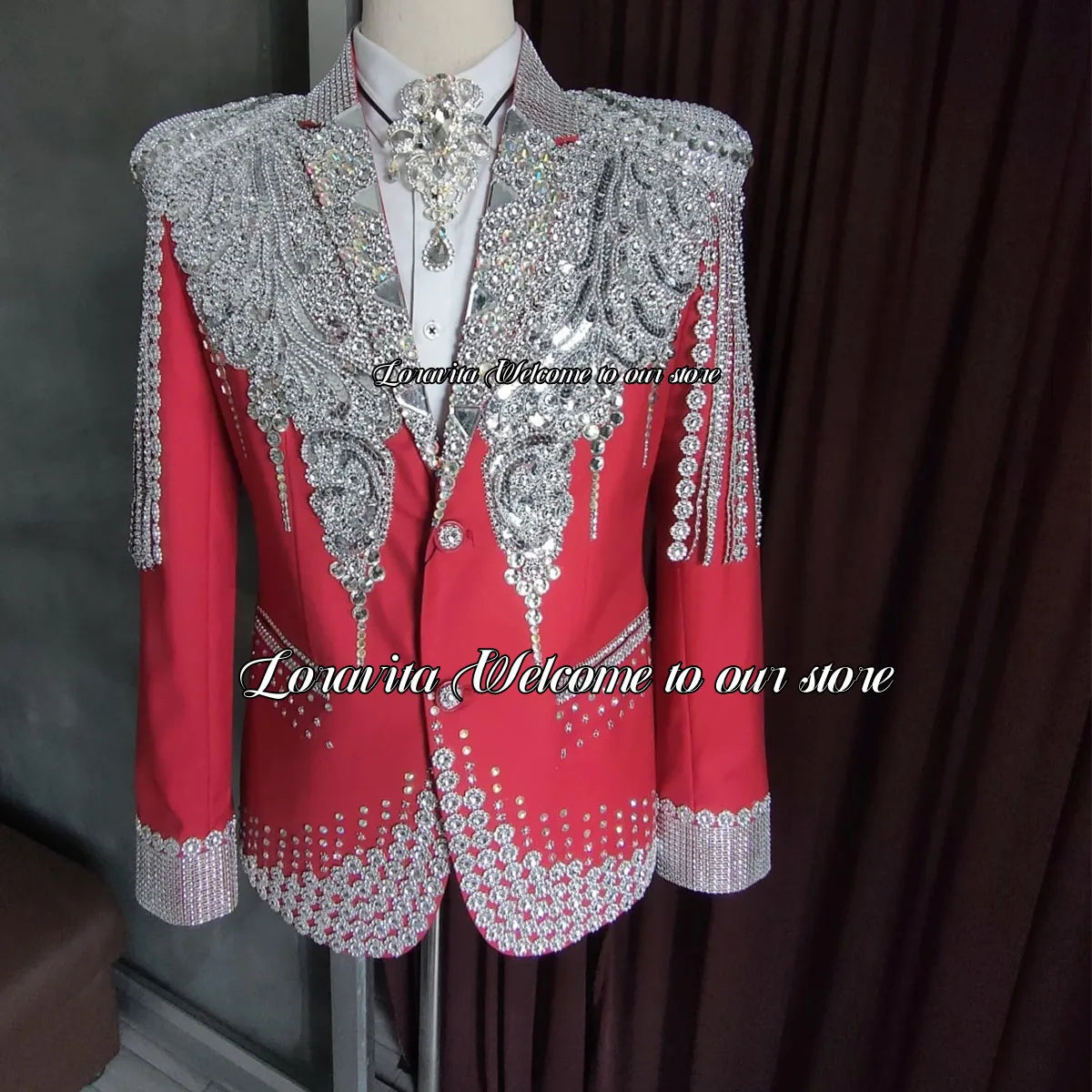 Elegant men's tuxedo suit with crystal accents, slim fit blazer and pants, luxury custom prom and wedding attire by Ansoff