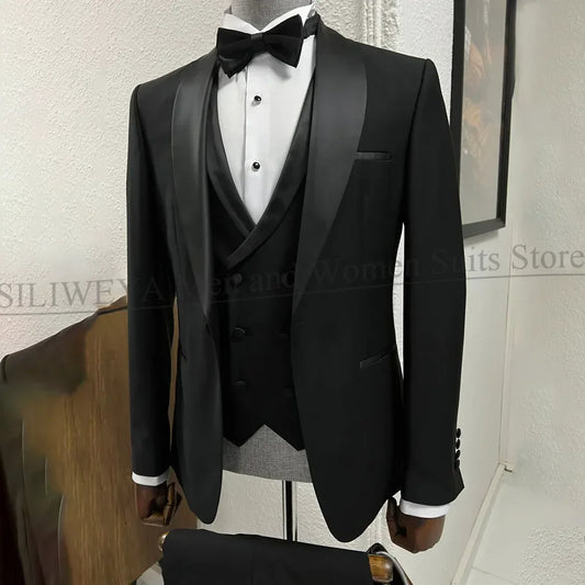 Black men's 3-piece tuxedo suit by Ansoff with shawl lapel, one button, ideal for weddings, parties, and formal events.