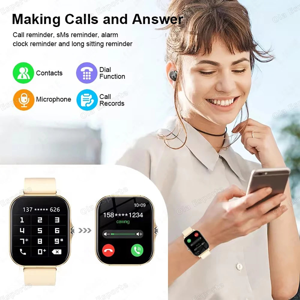 Ansoff smart watch with 2.01-inch HD display, showing call, message, weather, and sport modes on a sleek black band.