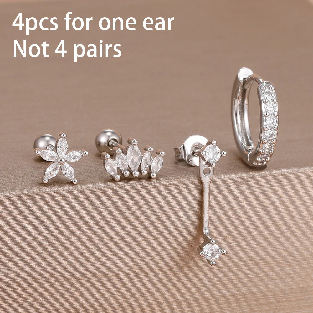 4PCS Stainless Steel Circle Huggie Hoop Earrings Set for Women Gold Color Unique Zircon Flower Stud Earring Piercing Jewelry
