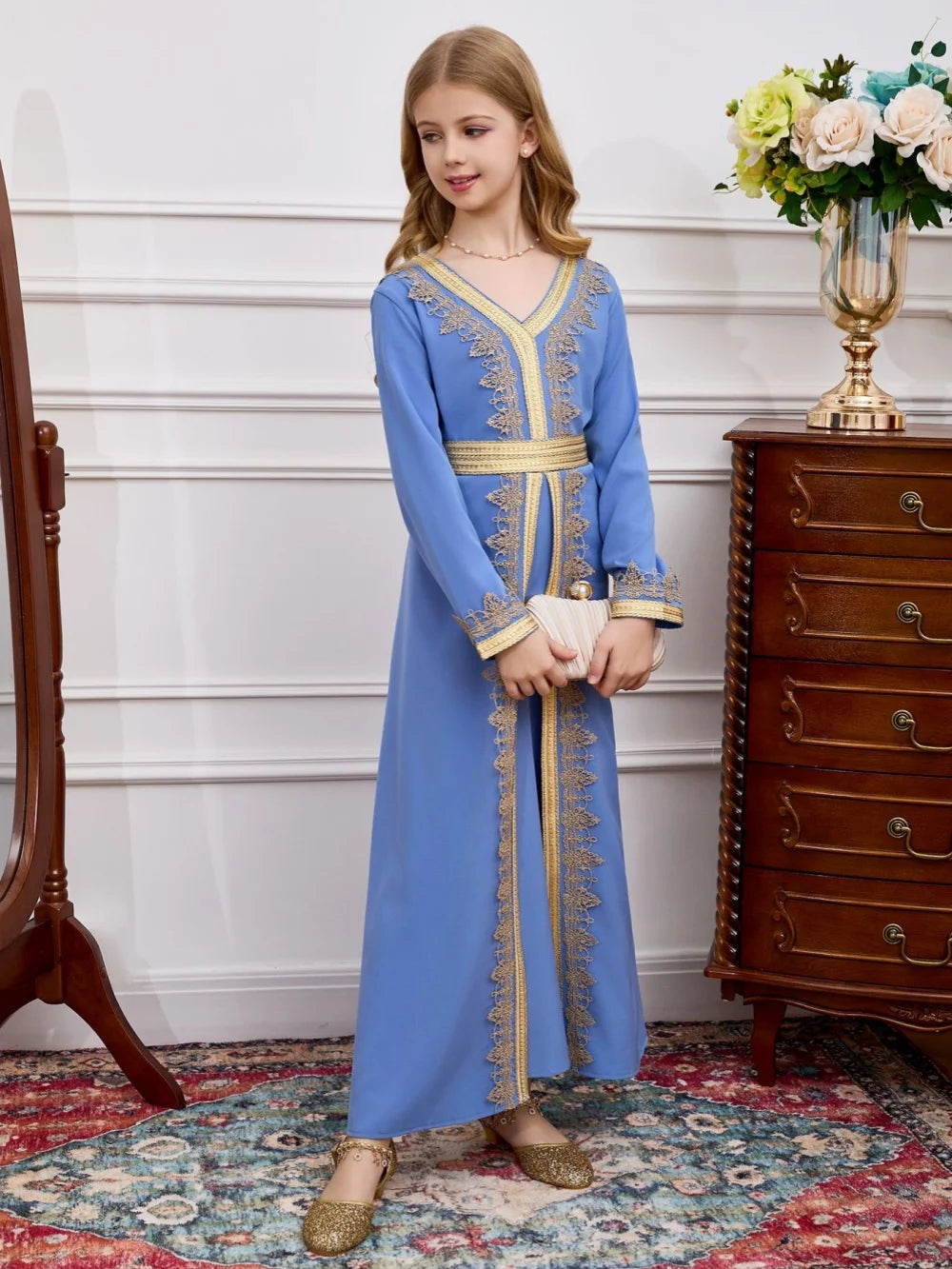 Girls blue Muslim dress with gold lace embroidery, long abaya robe, V-neck, includes belt, perfect for Eid or prayer occasions.