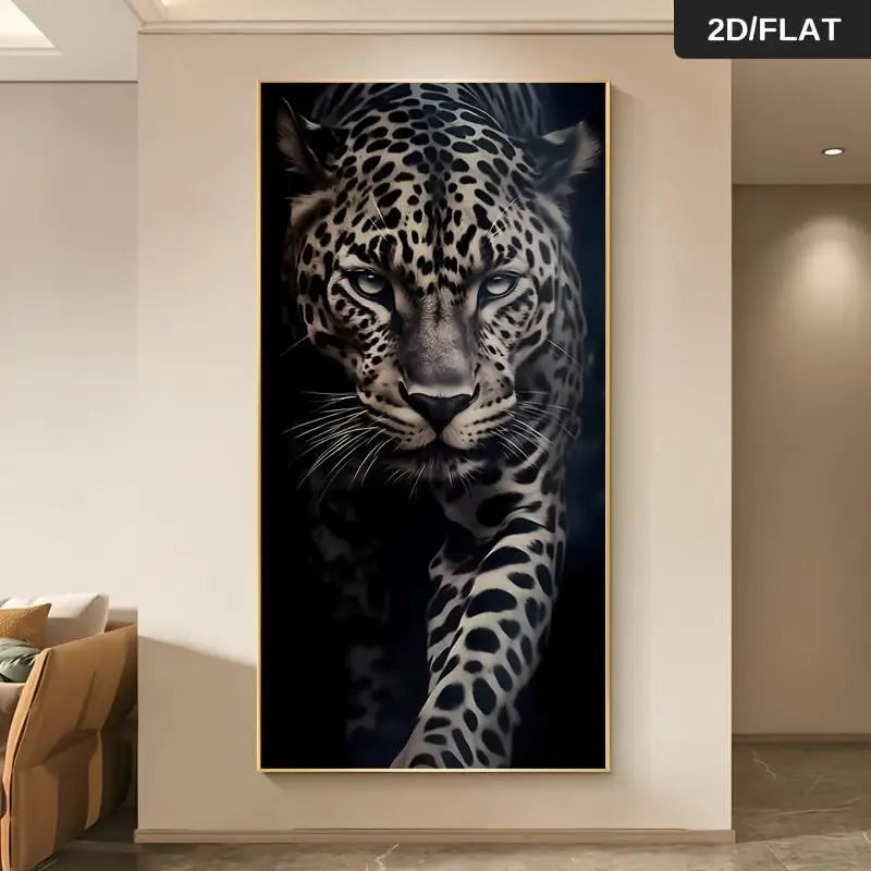 One modern abstract jaguar print art canvas - a vivid blue and black jaguar design, a high-quality 2D flat print frameless paint