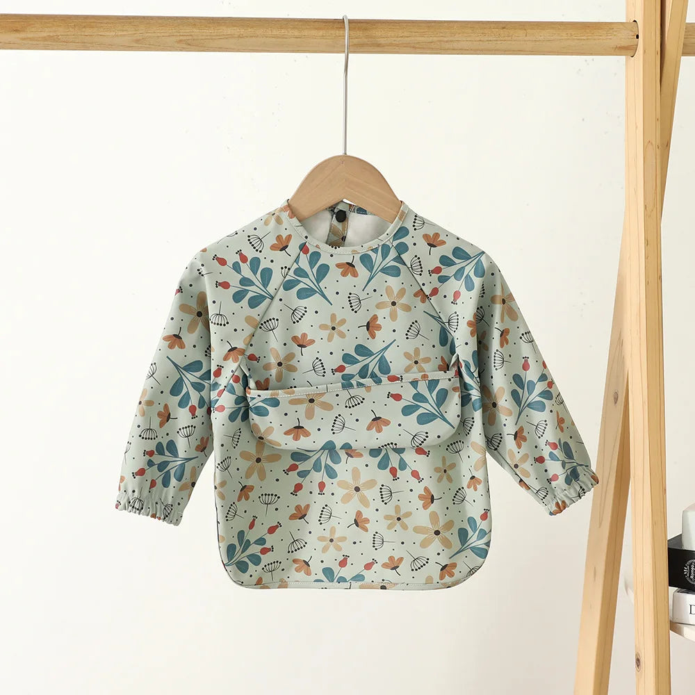 Ansoff infant feeding bibs for children, long sleeve waterproof art smock with printed design, pocket, ideal for boys and girls during mealtime.