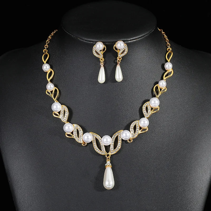 New Fashion personality flower Imitation Pearl Wedding Necklace Earring Set Bridal For Women Elegant Rhinestone Jewelry Gift