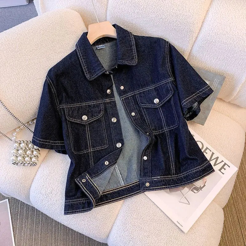 Women's denim jacket by Ansoff, short-sleeve summer jean jacket with retro vintage style, cropped outwear for streetwear fashion.