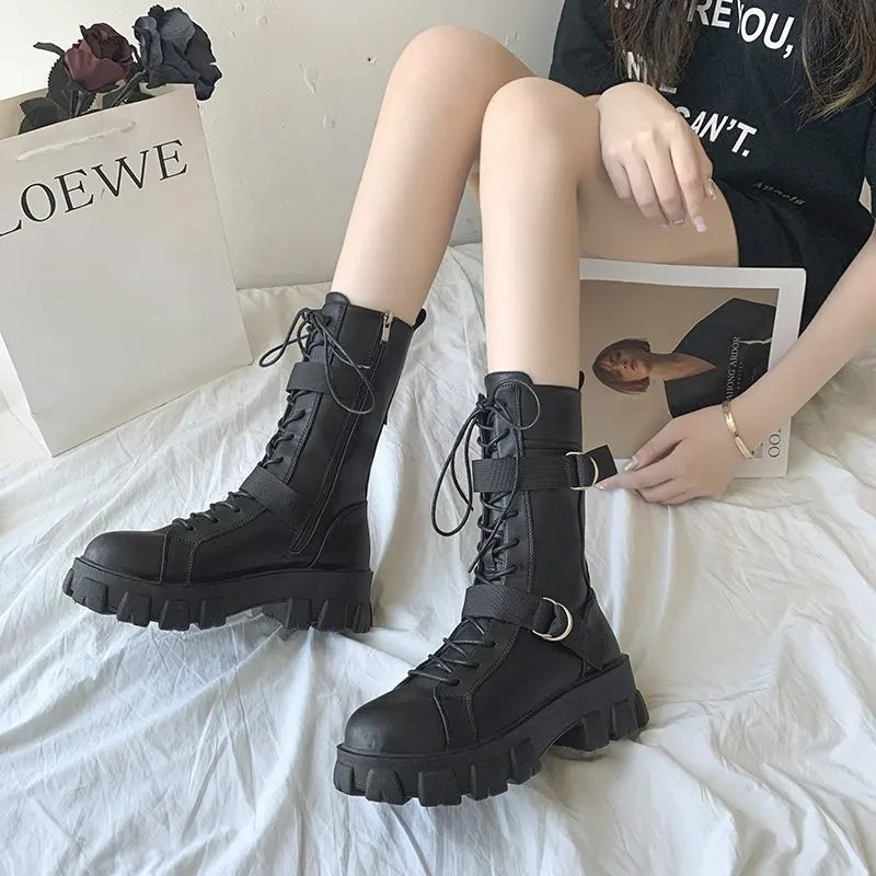 Ansoff women's leather motorcycle high-top boots with non-slip platform soles, stylish knight-inspired design, and luxury finish.