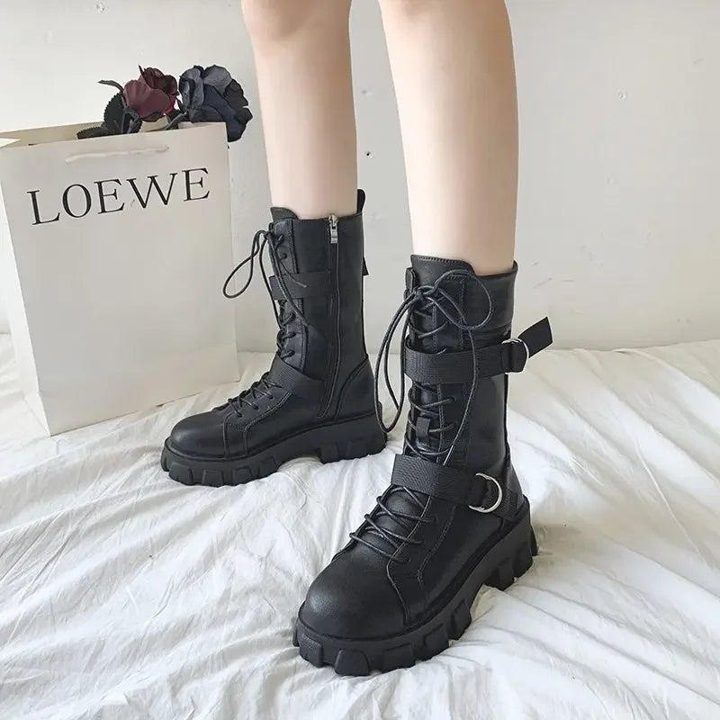 Ansoff women's fashion motorcycle boots with high-top leather design, non-slip platform sole, ideal for stylish, durable wear.