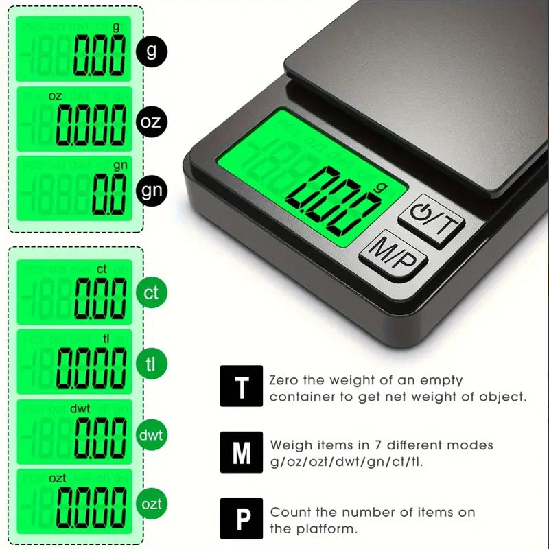 Ansoff Precision Pocket Scale showing 1000g capacity, digital display, backlit LCD, compact design for food, jewelry, and travel use