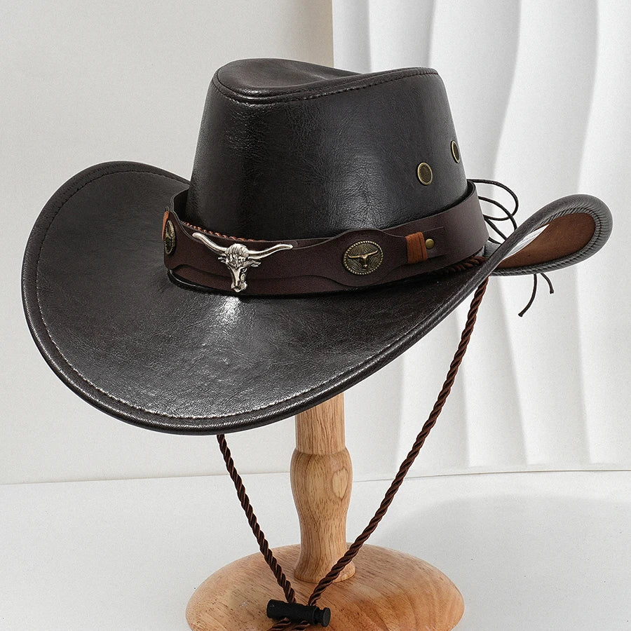 Unisex vintage faux leather western cowboy hat by Ansoff, outdoor cowboy and cowgirl jazz cap with wide brim and classic western style