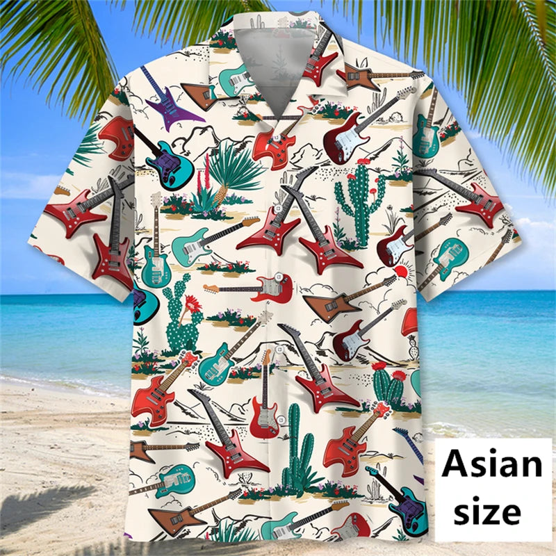 Men Hawaiian shirt by Ansoff featuring 3D tropical plant, music guitar print, casual beach style, button-up vacation clothing