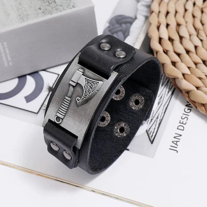 Ansoff VOQ retro Nordic Viking tomahawk leather bracelet bangle with adjustable wide design for men, featuring punk and locomotive style.