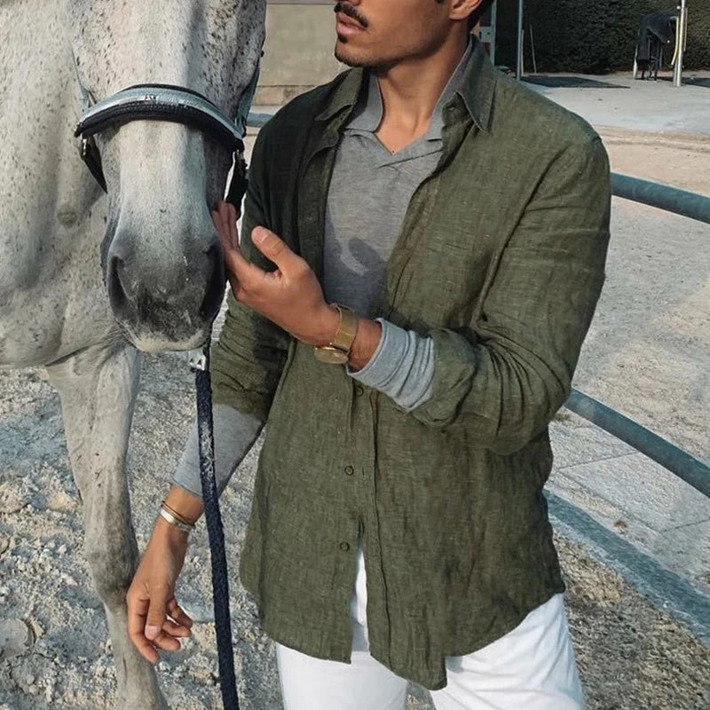 Men's long sleeve casual shirt by Ansoff, oversized loose fit, single-breasted, suitable for spring and summer.
