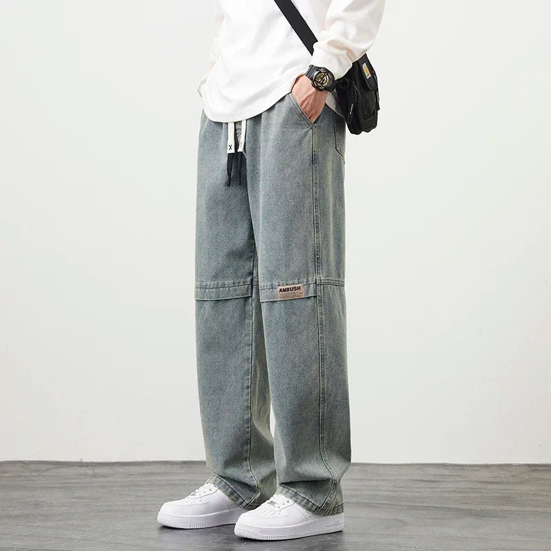Men's wide-leg washing jeans by Ansoff, casual loose-fit trousers in neutral tones, perfect for outdoor and big size 8XL.