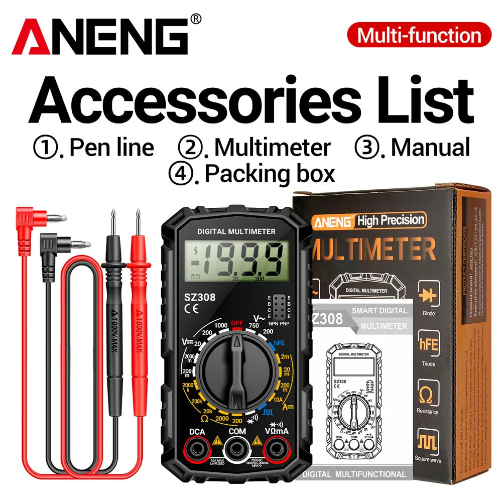 ANENG SZ308 Digital Multimeter   AC/DC Current Meter Voltage Resistance Meter Electrician LCD Backlight Ohm Square Wave Test - Acros