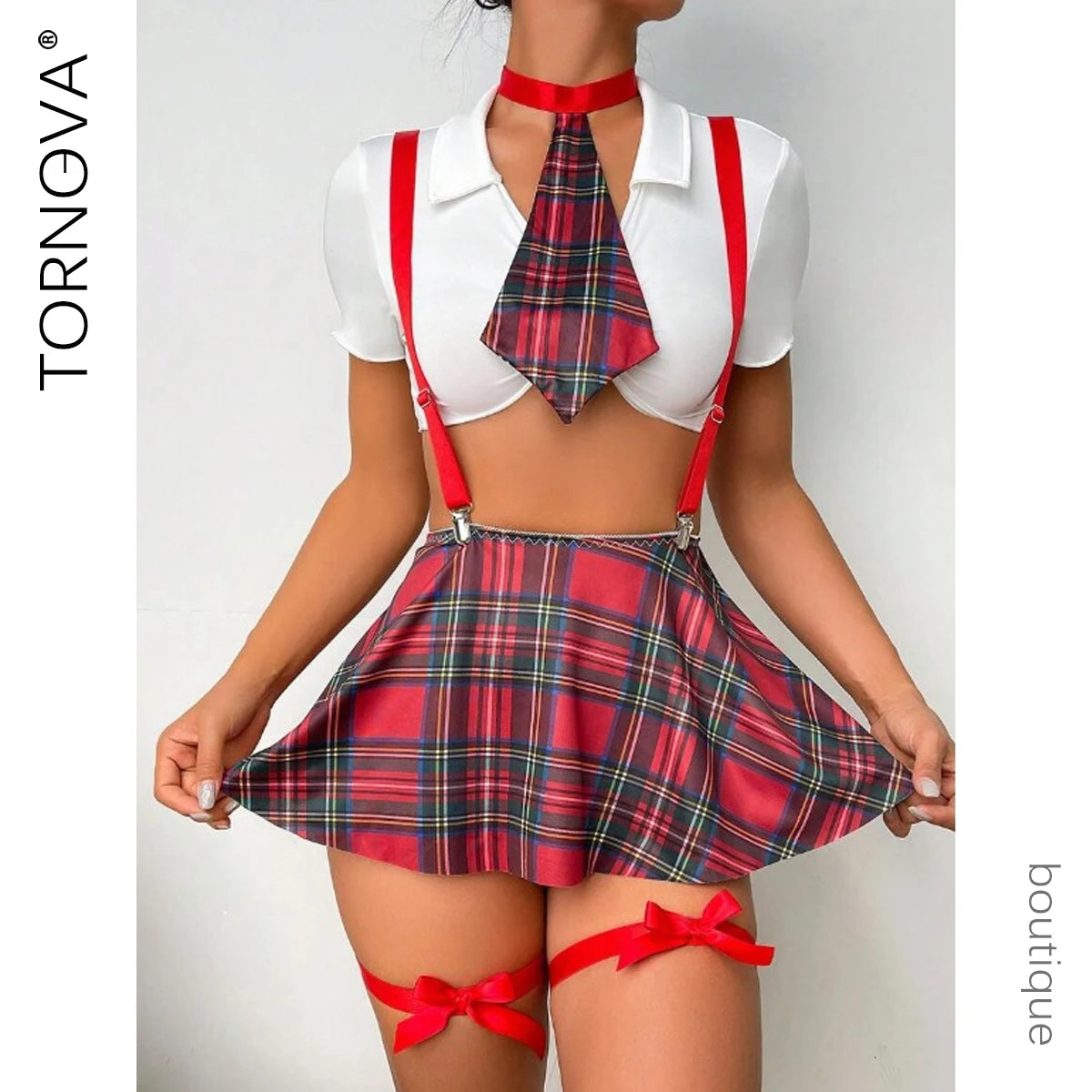 Ansoff women's sexy lingerie uniform suit featuring a plaid skirt, bow knot straps, and tie design for role-playing costume.