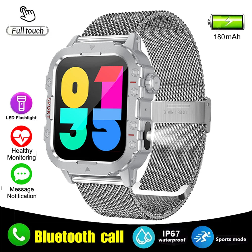 Ansoff Xiaomi military-style smart watch for men with 1.44-inch display, fitness tracker, IP67 waterproof, and Bluetooth call functions.