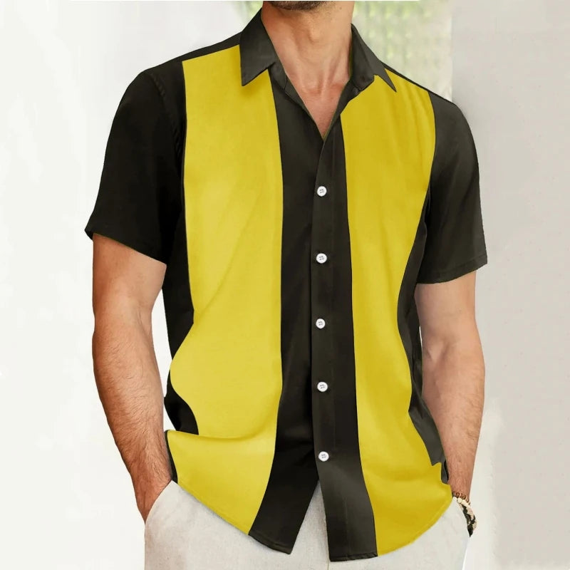 Ansoff men's vintage casual short sleeve button-down shirt with striped splicing design, perfect for summer and versatile style.