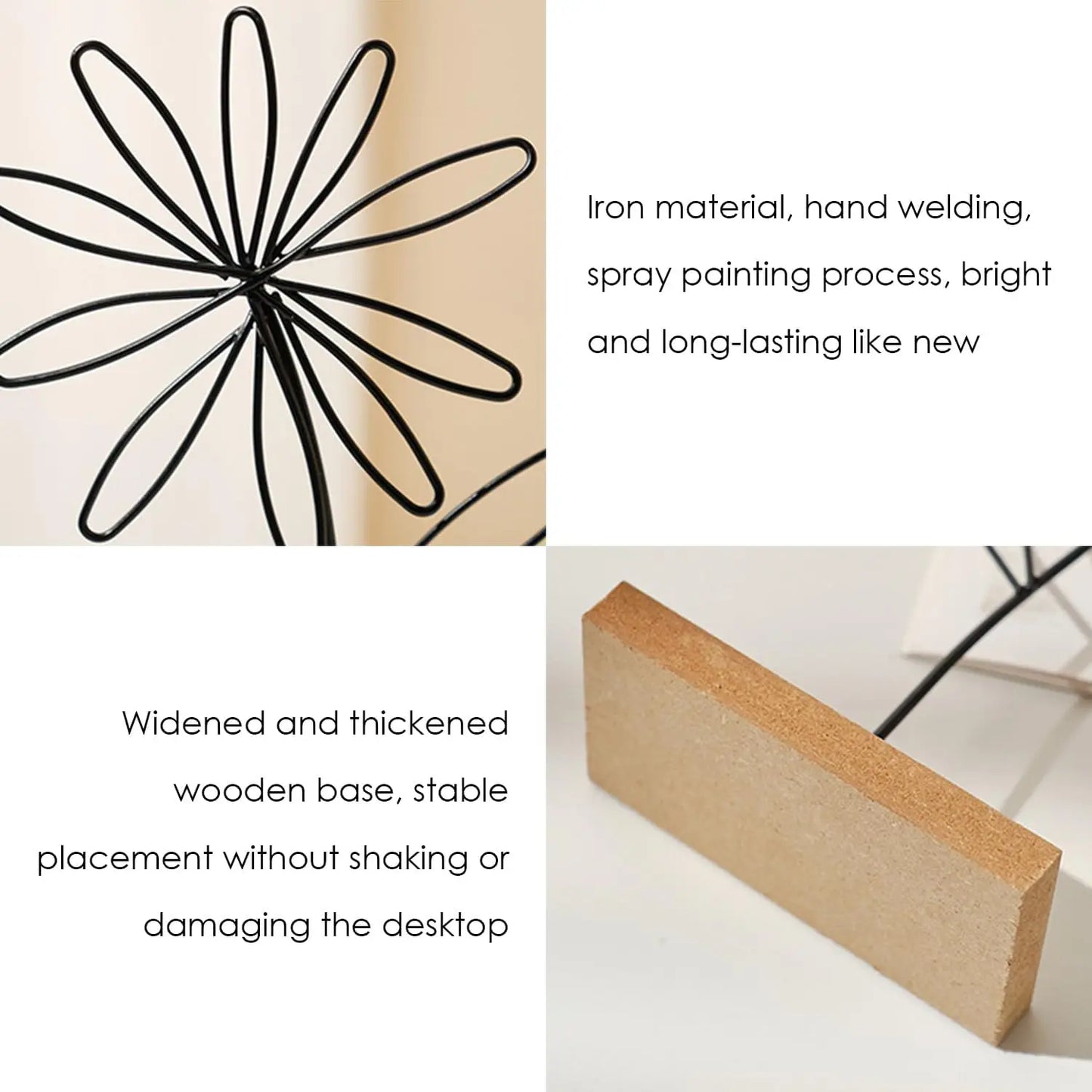 Iron Desktop Art - Rustproof Flower Design Ornament with Wooden Base, Art Crafts for Bedroom, Study Room, Cafe