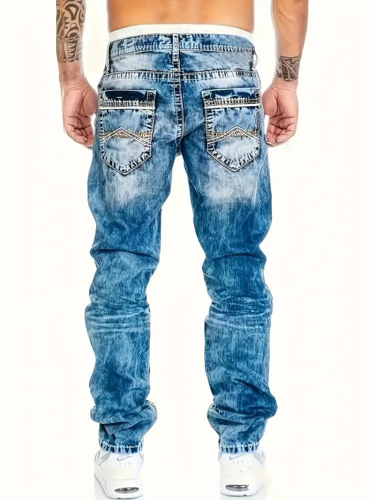 European American Jeans men's slim elastic denim trousers featuring vintage wash, perfect for autumn streetwear fashion.