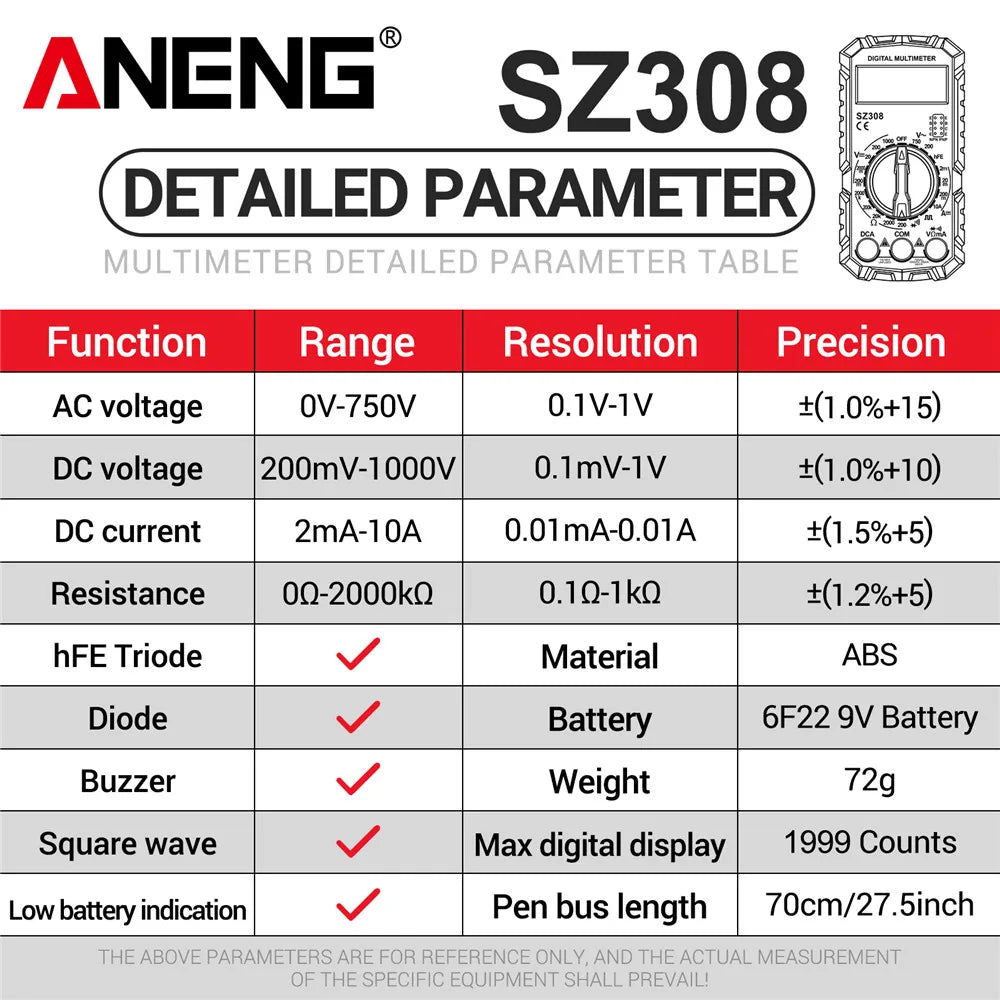 ANENG SZ308 Digital Multimeter   AC/DC Current Meter Voltage Resistance Meter Electrician LCD Backlight Ohm Square Wave Test - Acros