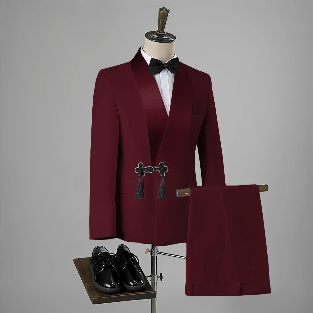 Ansoff men's slim fit wedding tuxedo with tassel lapel, single button blazer, and matching pants on a model.