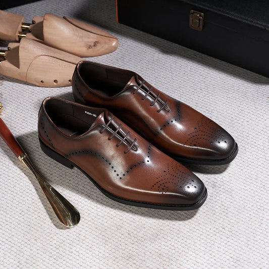 Ansoff men's Italian brogue oxford dress shoes in genuine leather, featuring lace-up design for formal weddings and office wear.