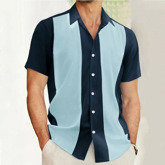Ansoff men's vintage casual short sleeve button-down shirt with striped splicing design, suitable for summer and versatile fashion style.