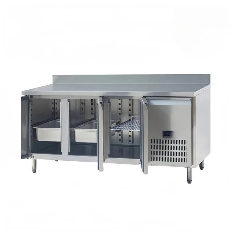 Ansoff stainless steel under counter freezer with two doors, commercial kitchen workbench, and air cooling system in a restaurant setting.
