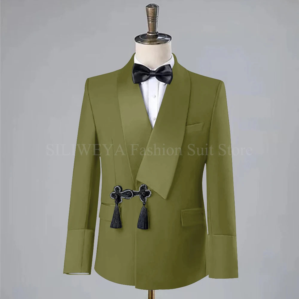 Ansoff men's wedding tuxedo with slim fit blazer and pants, featuring a tassel lapel and single button for groom attire.
