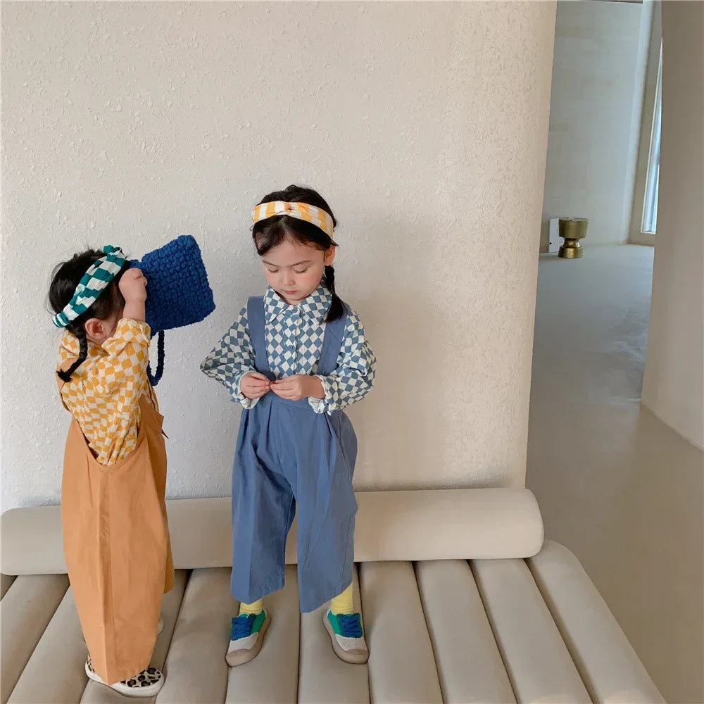 2025 Spring Kids Sets Clothes Children Clothing Suit Baby Boy Girl Fashion Cotton Linen Plaid Blouse+Pants Jumpsuit 2pcs Outfits