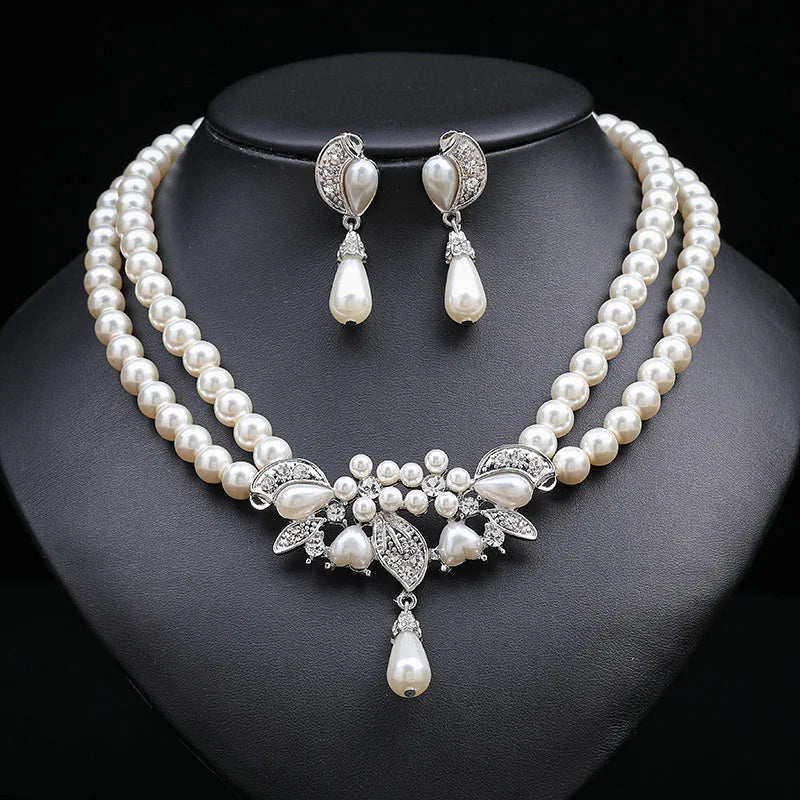 New Fashion personality flower Imitation Pearl Wedding Necklace Earring Set Bridal For Women Elegant Rhinestone Jewelry Gift