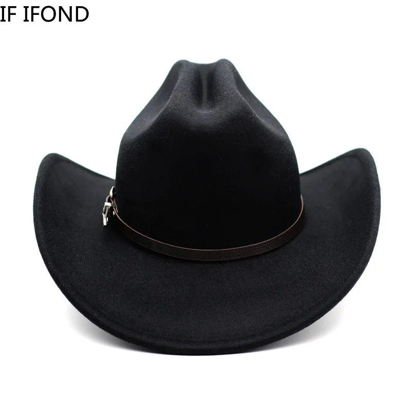 Vintage Western cowboy hat by Ansoff featuring a wide leather brim, suitable for men and women, with a classic cloche style.