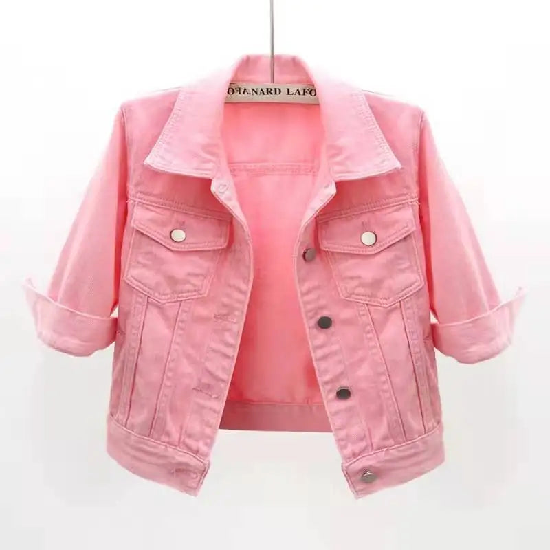 Women’s pink and purple denim jacket by Ansoff, casual short coat with yellow and blue accents, perfect for spring and autumn.