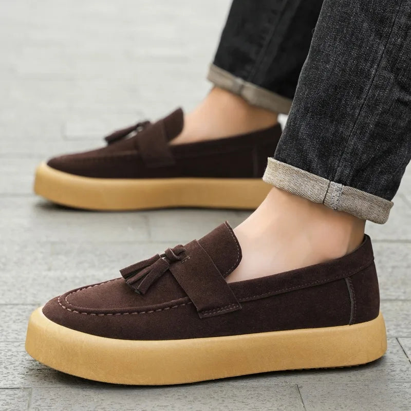 Men's casual suede loafers by Ansoff, stylish British-inspired slip-on driving shoes with platform soles and trendy design.