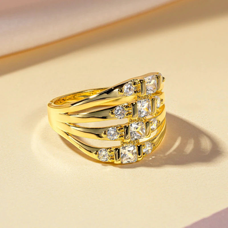 Rrjzz Luxury 14k Gold Plated Gemstone Ring Bagguete Radiand Cut CZ Simulated Diamond Rings for Women Men Finger Jewelry Gifts