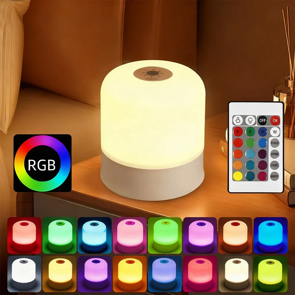 Ansoff LED night light desk lamp with dimmable, rechargeable, plug-in design, touchscreen controls, RGB lighting for bedroom or bedside use.