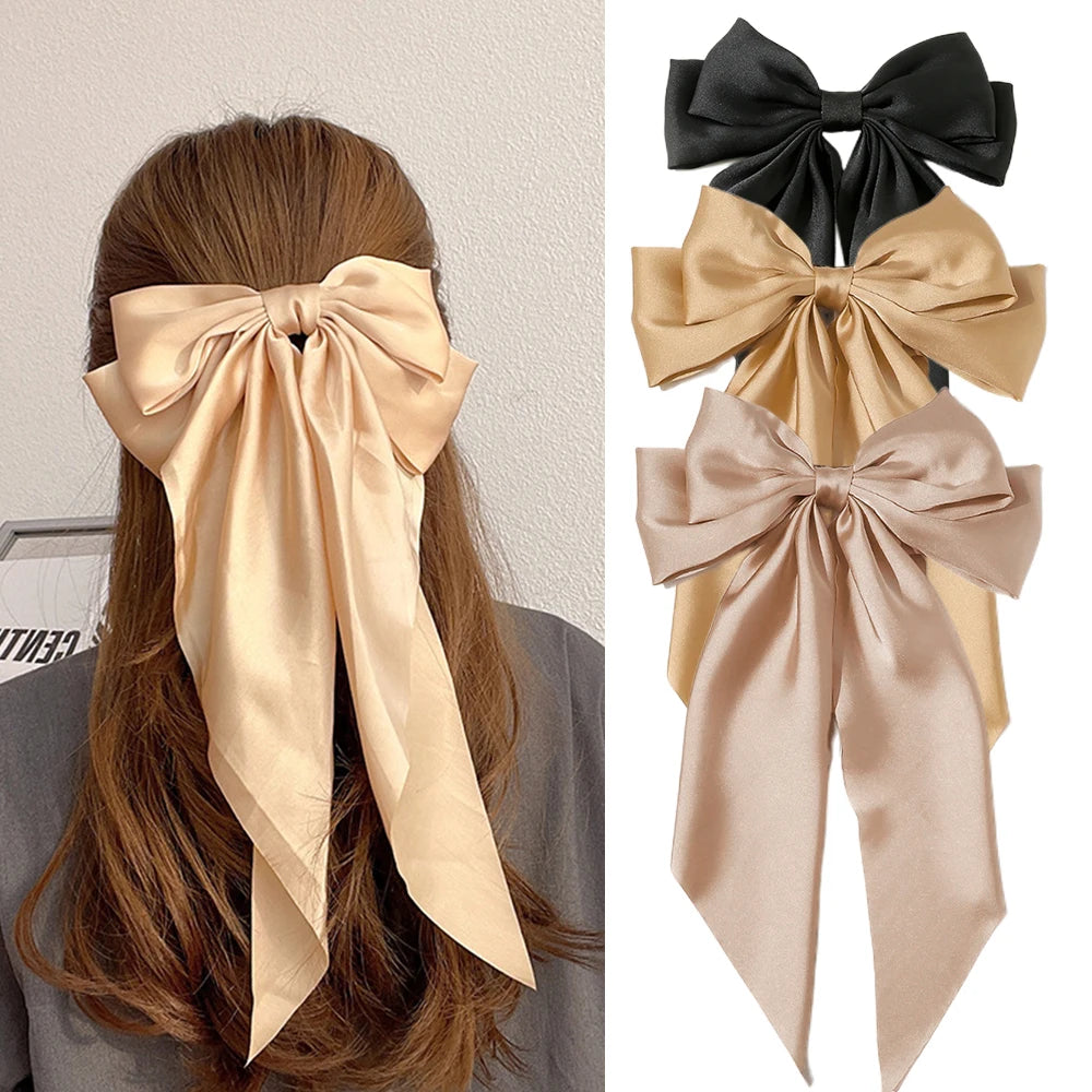 Ansoff Korean hair accessories featuring large satin bowknot clips with long ribbons, spring clamp hair barrettes for women and girls