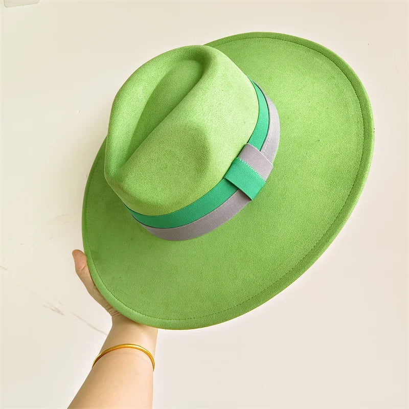 Colorblock ribbon colorful suede women's and men's wide brim felt hat in British retro style, ideal for autumn and winter.