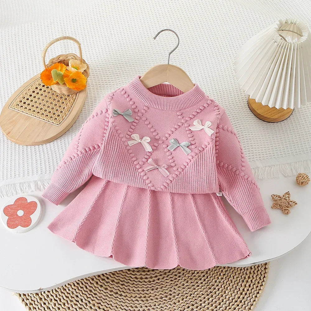 Children's Clothing Sets Bow Knit Top + Pleated Skirt Winter Baby Girl Clothes Knit Sweater for 2 -6 Years Toddler Girl Cardigan