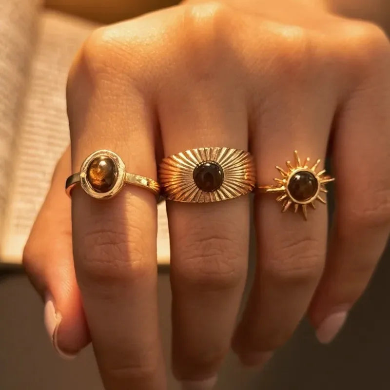 Retro Brown Stone Rings for Women - Irregular Gold Color Adjustable Ring Fashion Jewelry Gifts - Acros