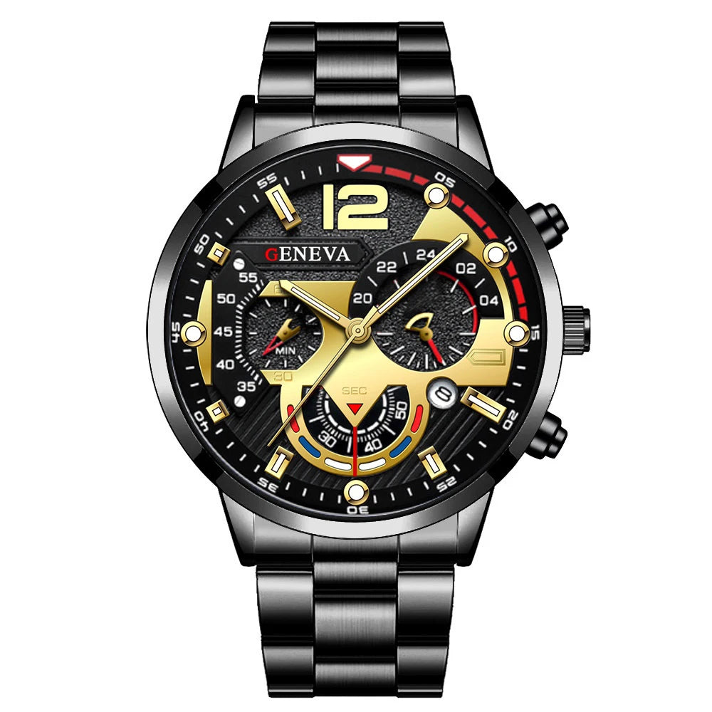 Men's stainless steel band analog quartz watch with calendar from Ansoff, featuring a sleek design and classic style.