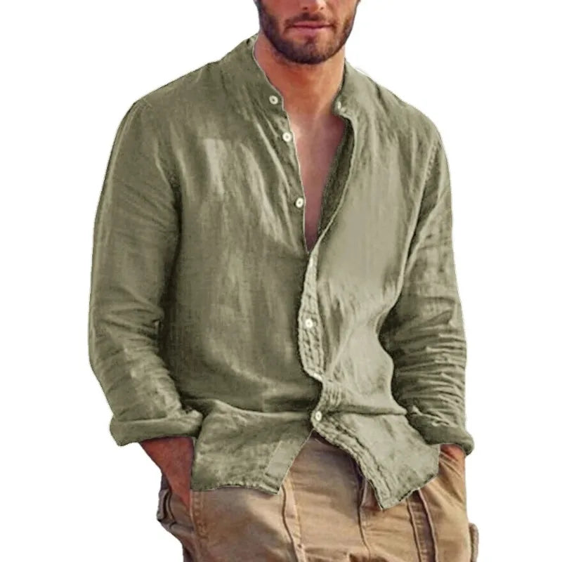 Sweatwear Men's Long Sleeve Shirt Linen Solid Color Shirts Trend Stand Collar Casual Lightweight Breathable Tops Hawaiian Shirt - Acros