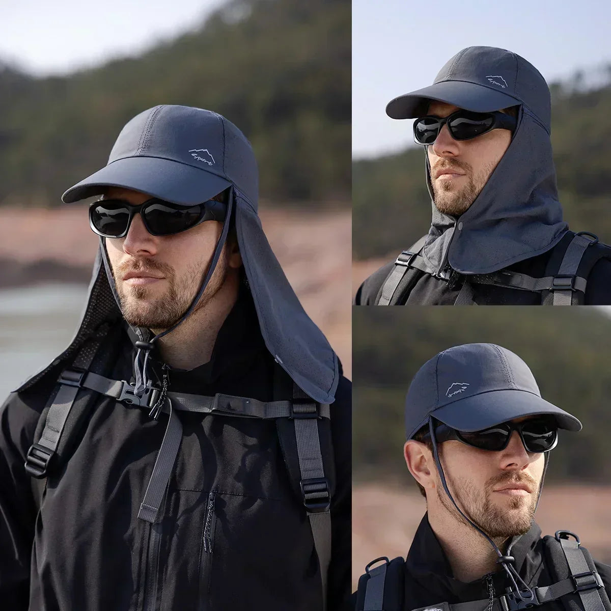 Ansoff men's summer fishing baseball cap with quick-drying waterproof fabric, detachable sun visor, and outdoor cycling shawl.