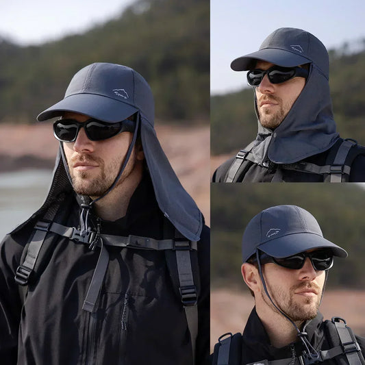 Ansoff men's summer fishing baseball cap with quick-drying waterproof fabric, detachable sun visor, and outdoor cycling shawl.